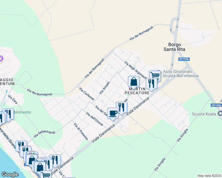 map of restaurants, bars, coffee shops, grocery stores, and more near 5/D Via Chianciano in Torvaianica