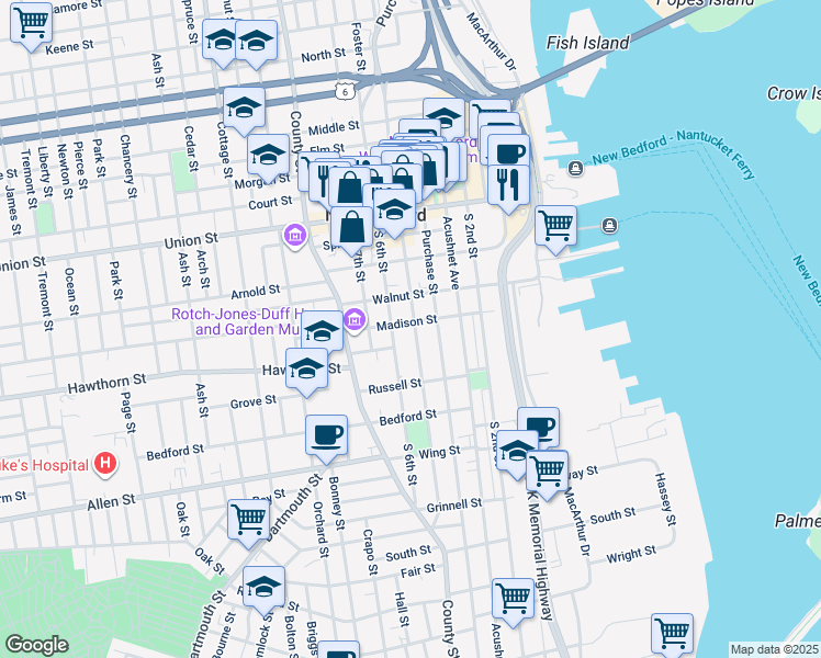 map of restaurants, bars, coffee shops, grocery stores, and more near in New Bedford