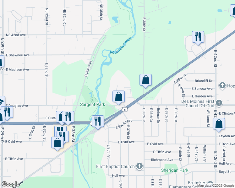 map of restaurants, bars, coffee shops, grocery stores, and more near 3608 East Douglas Avenue in Des Moines