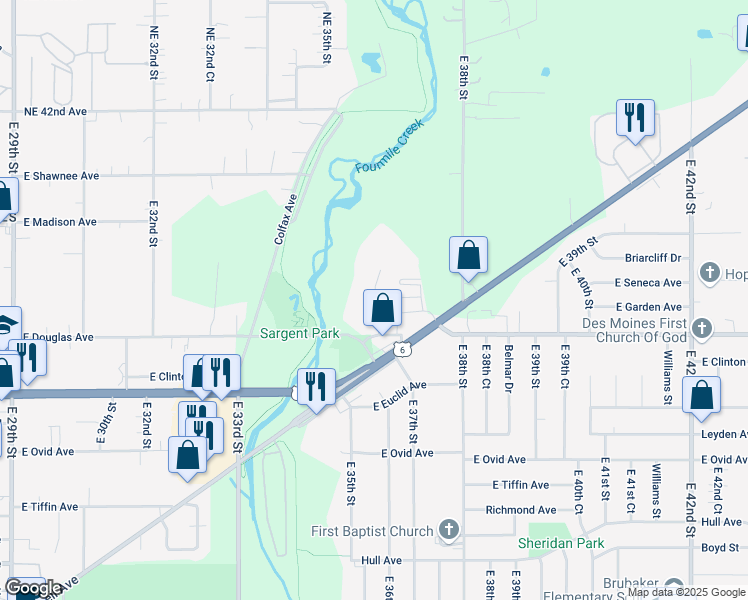 map of restaurants, bars, coffee shops, grocery stores, and more near 3608 East Douglas Avenue in Des Moines