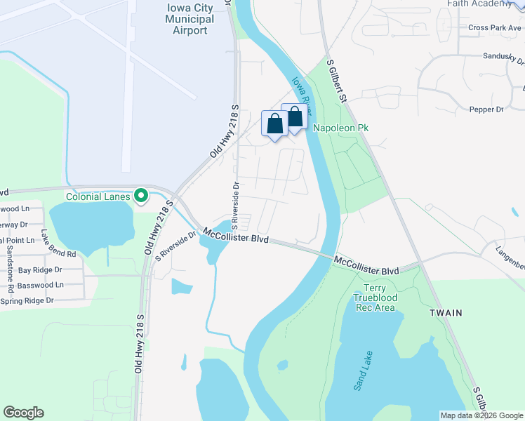 map of restaurants, bars, coffee shops, grocery stores, and more near Thatcher Mobile Home Park in Iowa City