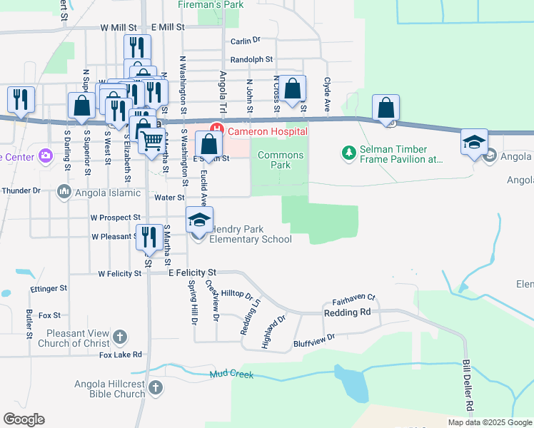 map of restaurants, bars, coffee shops, grocery stores, and more near 805 South Washington Street in Angola