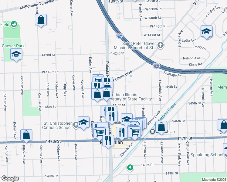 map of restaurants, bars, coffee shops, grocery stores, and more near 14401 Pulaski Road in Midlothian