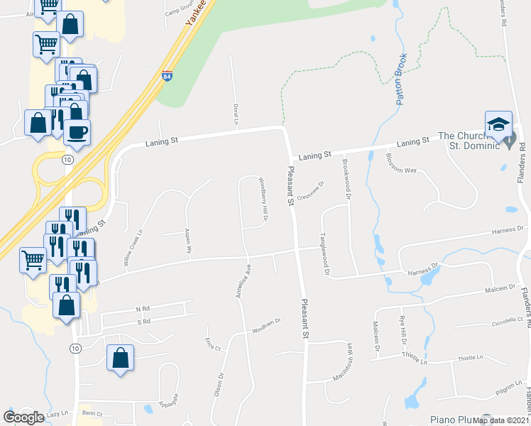 map of restaurants, bars, coffee shops, grocery stores, and more near 164 Woodberry Hill Drive in Southington