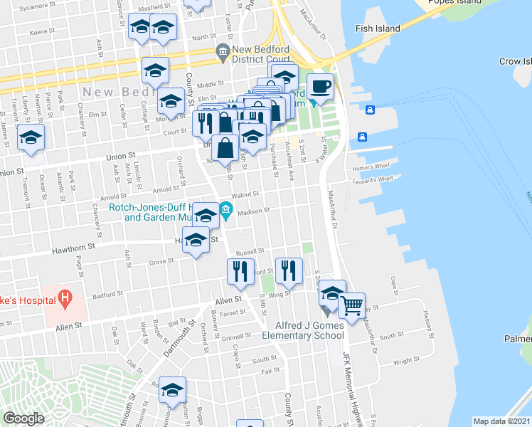 map of restaurants, bars, coffee shops, grocery stores, and more near 333 Pleasant Street in New Bedford