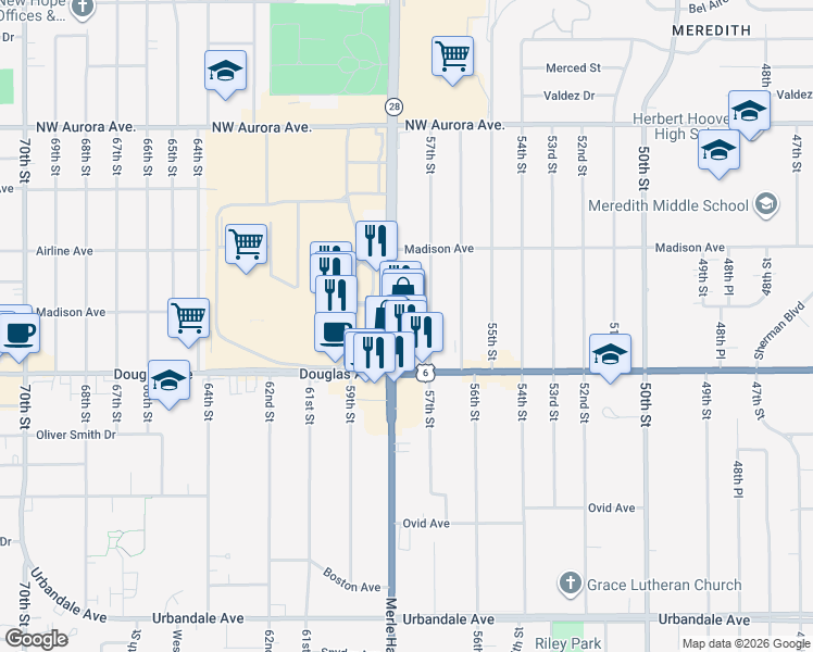 map of restaurants, bars, coffee shops, grocery stores, and more near 3839 Iowa 28 in Des Moines
