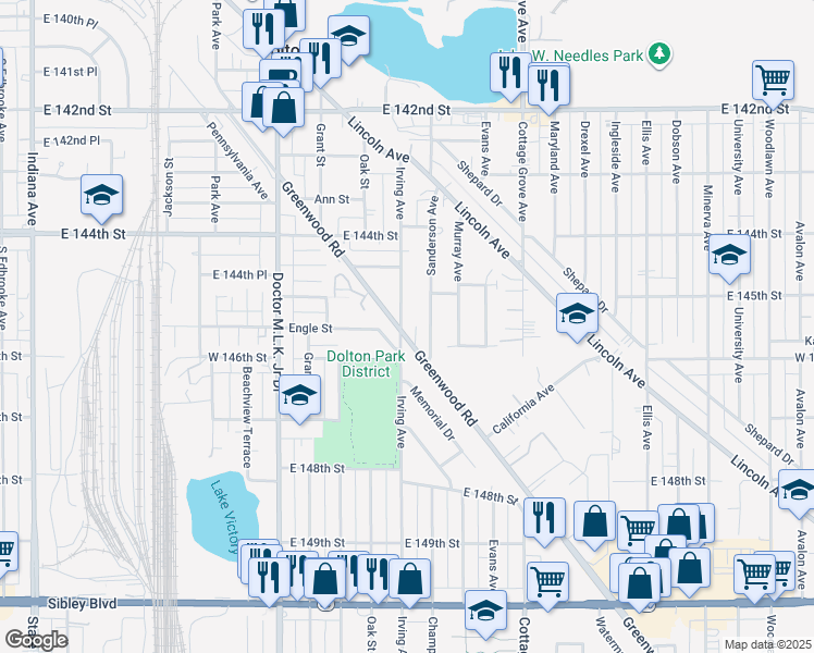 map of restaurants, bars, coffee shops, grocery stores, and more near 14508 Irving Avenue in Dolton