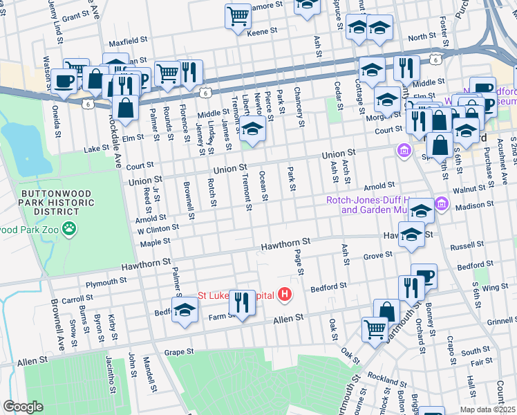 map of restaurants, bars, coffee shops, grocery stores, and more near 27 Ocean Street in New Bedford