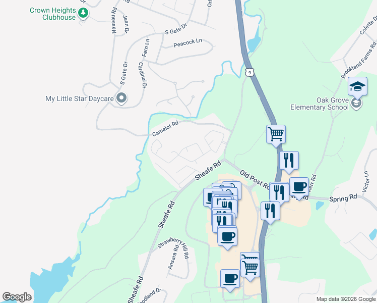 map of restaurants, bars, coffee shops, grocery stores, and more near 111 Camelford Drive in Poughkeepsie