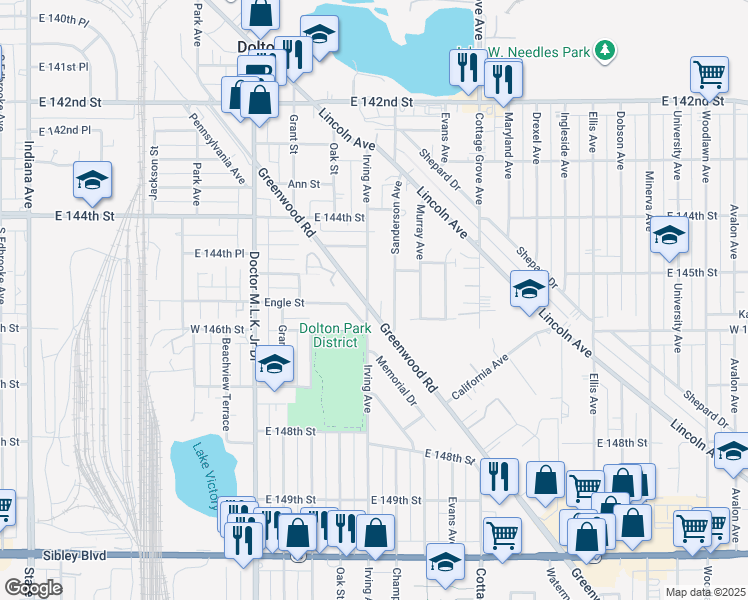 map of restaurants, bars, coffee shops, grocery stores, and more near 14508 Irving Avenue in Dolton
