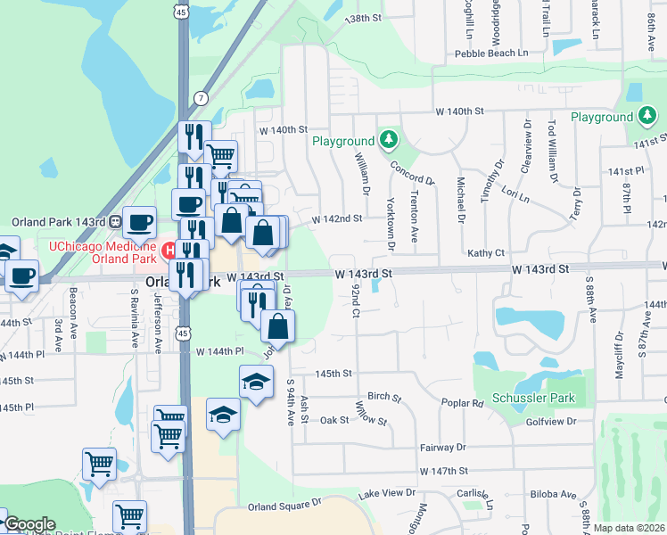 map of restaurants, bars, coffee shops, grocery stores, and more near 9300 West 143rd Street in Orland Park