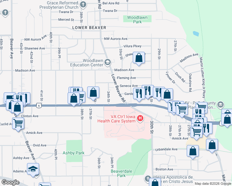 map of restaurants, bars, coffee shops, grocery stores, and more near 3843 Lower Beaver Road in Des Moines