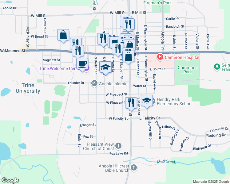 map of restaurants, bars, coffee shops, grocery stores, and more near 410 South West Street in Angola