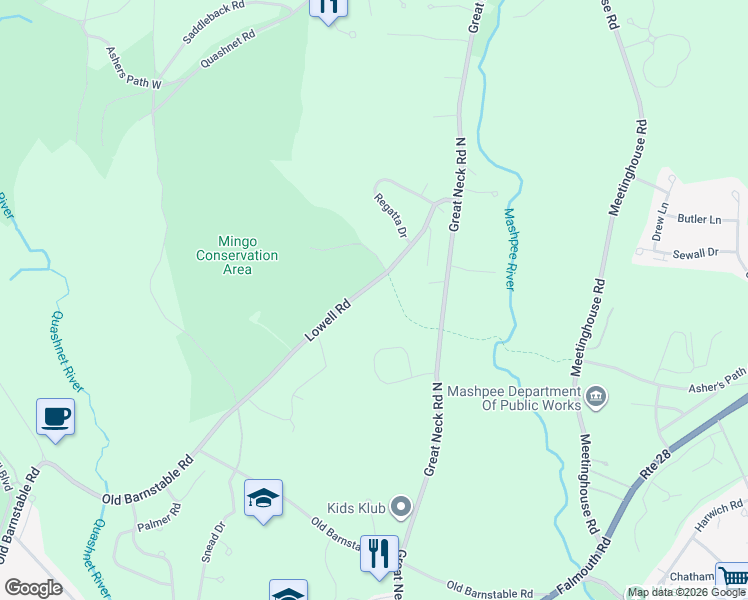 map of restaurants, bars, coffee shops, grocery stores, and more near 70 Lowell Road in Mashpee
