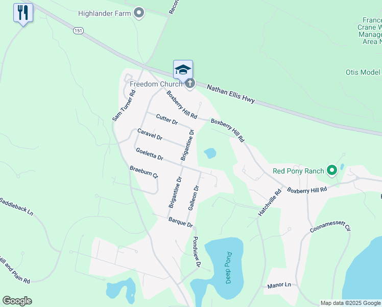map of restaurants, bars, coffee shops, grocery stores, and more near 46 Brigantine Drive in Falmouth