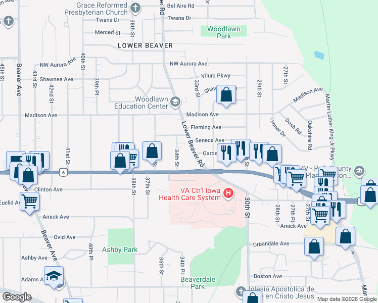 map of restaurants, bars, coffee shops, grocery stores, and more near 3843 Lower Beaver Road in Des Moines
