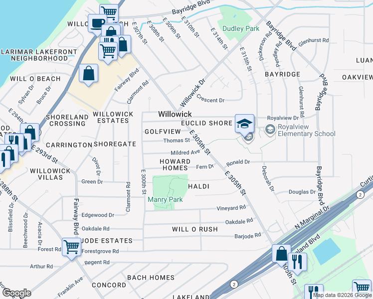 map of restaurants, bars, coffee shops, grocery stores, and more near 30319 Mildred Avenue in Willowick