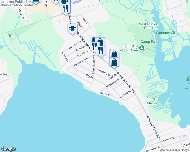 map of restaurants, bars, coffee shops, grocery stores, and more near 21 Grove Street in Fairhaven