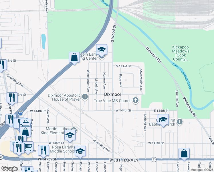 map of restaurants, bars, coffee shops, grocery stores, and more near 14215 Honore Avenue in Dixmoor