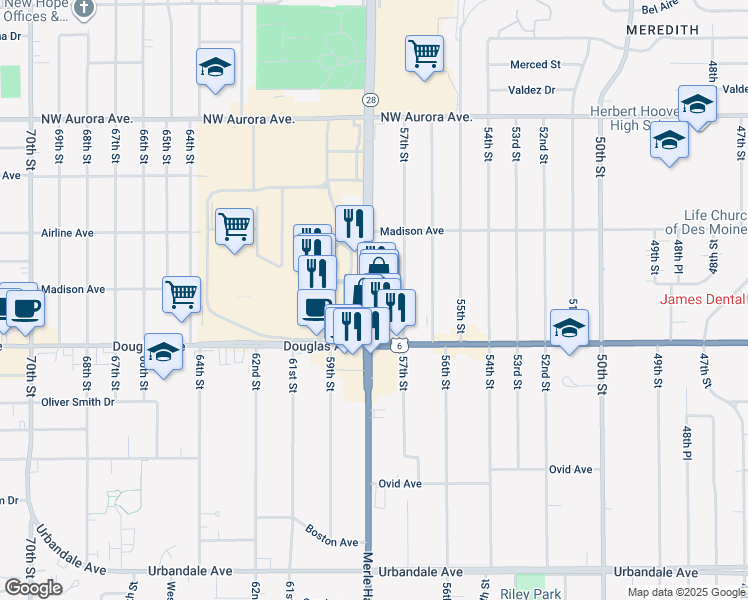 map of restaurants, bars, coffee shops, grocery stores, and more near 3839 Iowa 28 in Des Moines