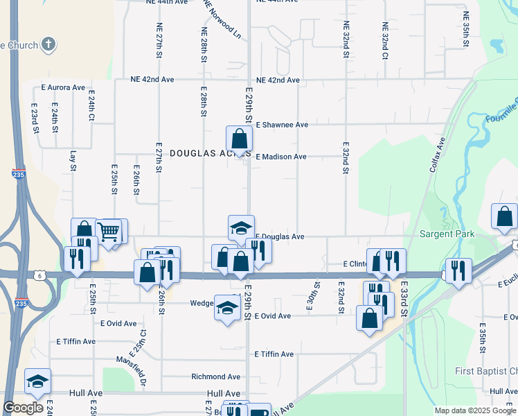map of restaurants, bars, coffee shops, grocery stores, and more near 3837 East 29th Street in Des Moines