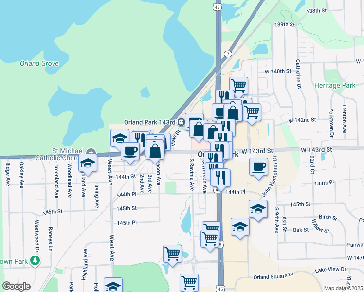 map of restaurants, bars, coffee shops, grocery stores, and more near 9750 Crescent Park Circle in Orland Park