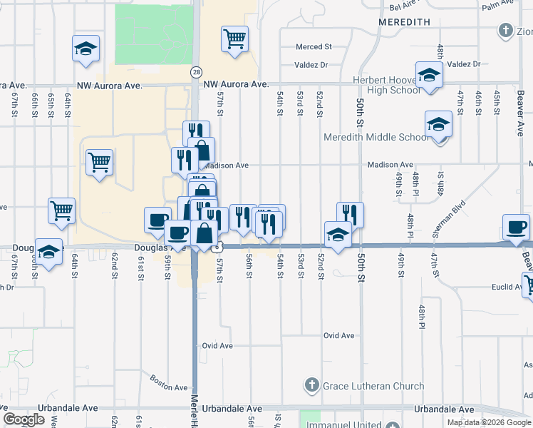 map of restaurants, bars, coffee shops, grocery stores, and more near 3842 54th Street in Des Moines