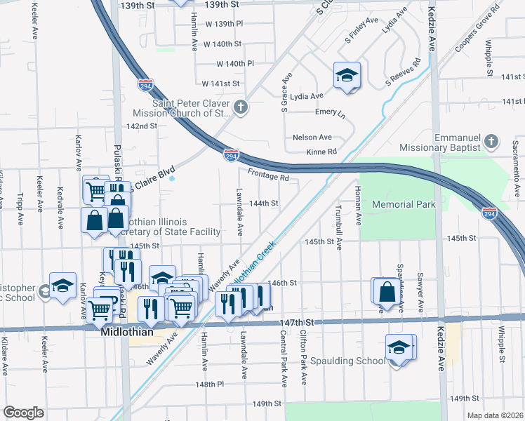 map of restaurants, bars, coffee shops, grocery stores, and more near 14407 Millard Avenue in Midlothian