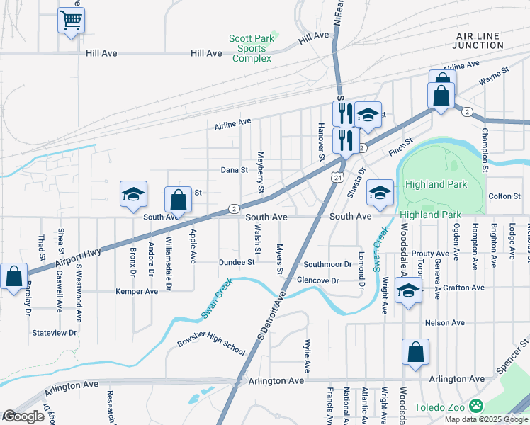 map of restaurants, bars, coffee shops, grocery stores, and more near 2110 South Avenue in Toledo