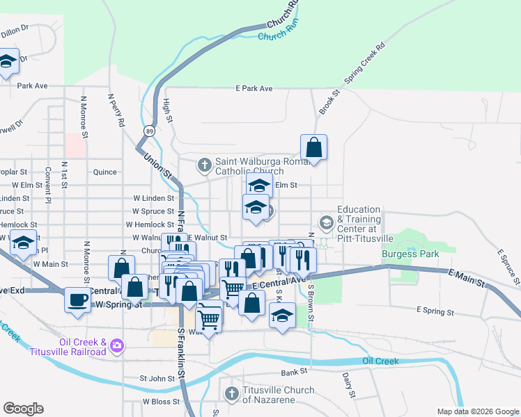 map of restaurants, bars, coffee shops, grocery stores, and more near 330 East Spruce Street in Titusville