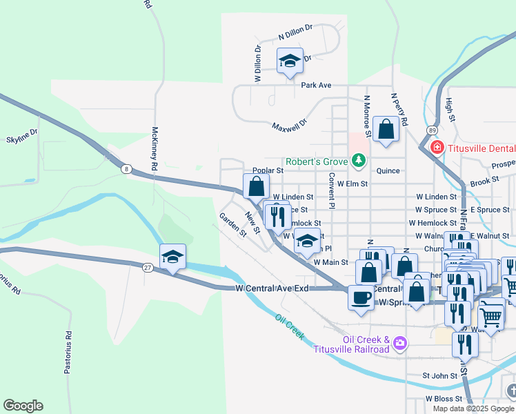 map of restaurants, bars, coffee shops, grocery stores, and more near 742 Hydetown Rd in Titusville