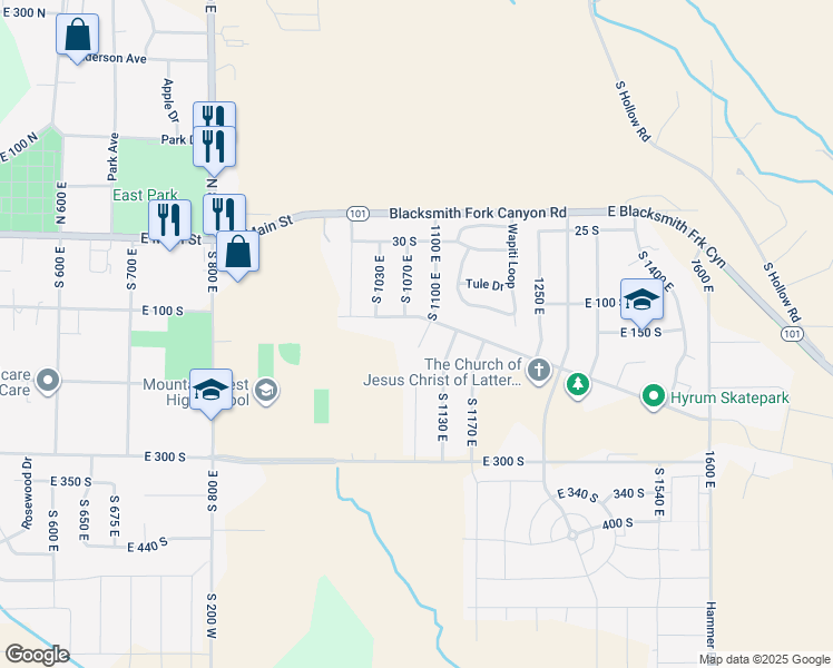 map of restaurants, bars, coffee shops, grocery stores, and more near 164 South 1100 East in Hyrum