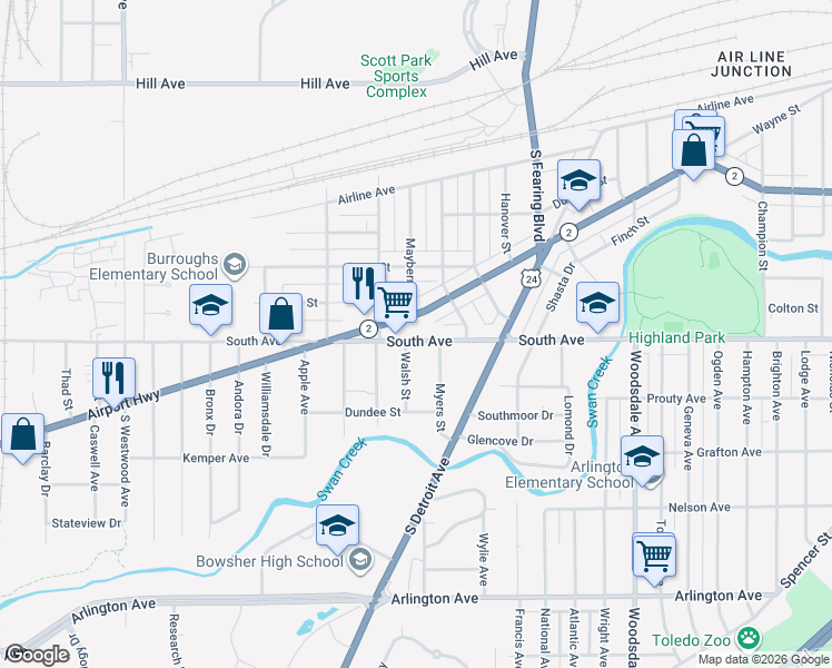 map of restaurants, bars, coffee shops, grocery stores, and more near 2110 South Avenue in Toledo
