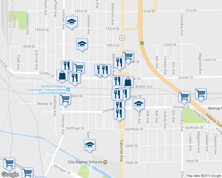 map of restaurants, bars, coffee shops, grocery stores, and more near 4532 Baltimore Avenue in Hammond