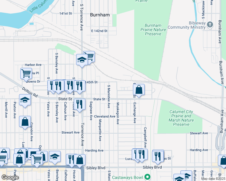 map of restaurants, bars, coffee shops, grocery stores, and more near 14525 South Manistee Avenue in Burnham