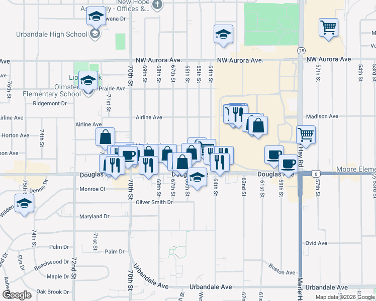 map of restaurants, bars, coffee shops, grocery stores, and more near 6640 Madison Avenue in Urbandale