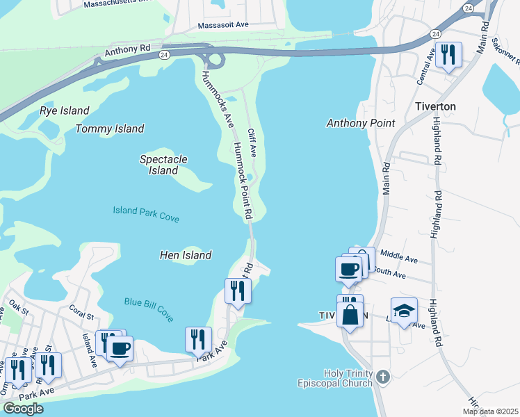 map of restaurants, bars, coffee shops, grocery stores, and more near 218 Cliff Ave in Portsmouth