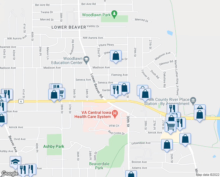 map of restaurants, bars, coffee shops, grocery stores, and more near 3825 Lawnwoods Drive in Des Moines