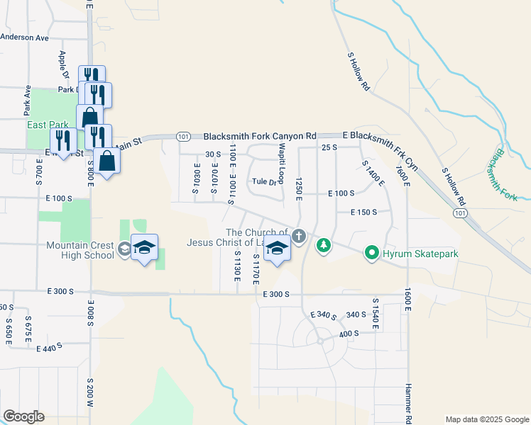 map of restaurants, bars, coffee shops, grocery stores, and more near 1177 Hyrum Boulevard in Hyrum