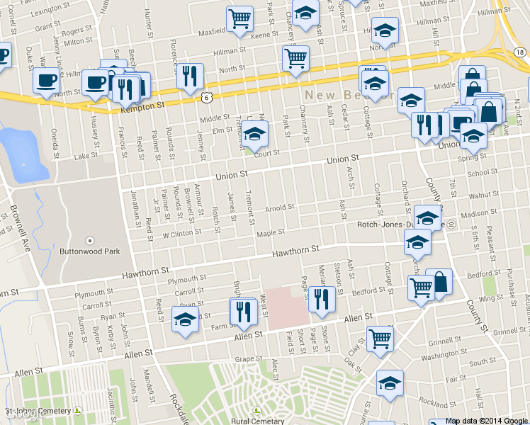 map of restaurants, bars, coffee shops, grocery stores, and more near 27 Ocean Street in New Bedford