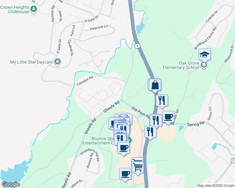 map of restaurants, bars, coffee shops, grocery stores, and more near 10 Camelot Village in Poughkeepsie