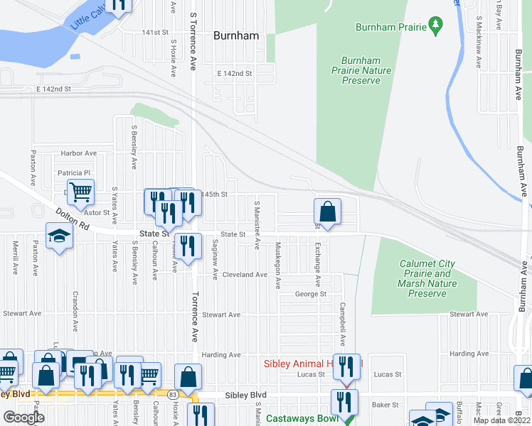 map of restaurants, bars, coffee shops, grocery stores, and more near 14525 South Manistee Avenue in Burnham