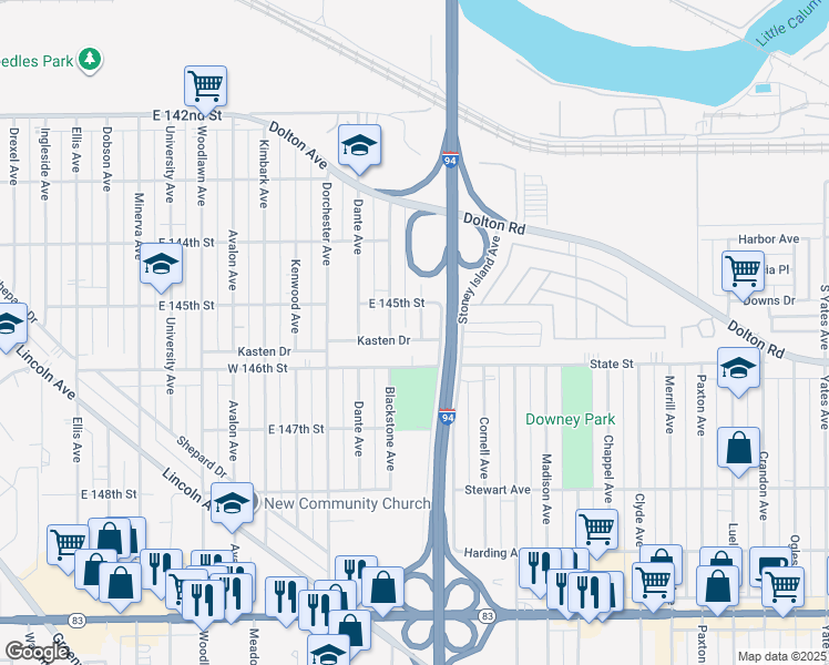 map of restaurants, bars, coffee shops, grocery stores, and more near 14515 Blackstone Avenue in Dolton