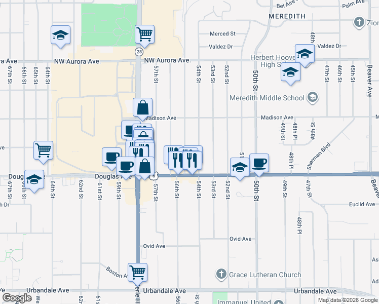 map of restaurants, bars, coffee shops, grocery stores, and more near 3842 54th Street in Des Moines