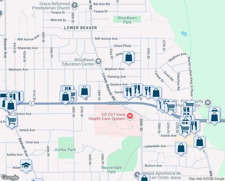 map of restaurants, bars, coffee shops, grocery stores, and more near 3837 Lower Beaver Road in Des Moines