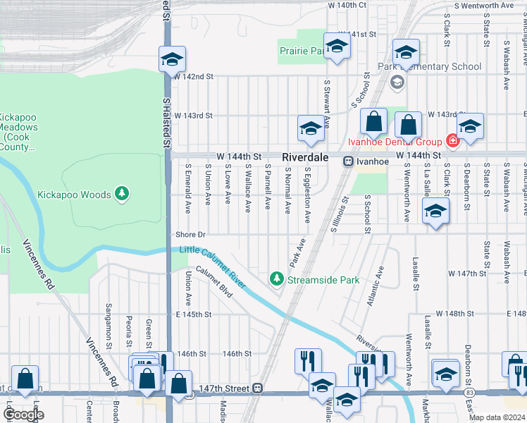 map of restaurants, bars, coffee shops, grocery stores, and more near 14514 South Parnell Avenue in Riverdale