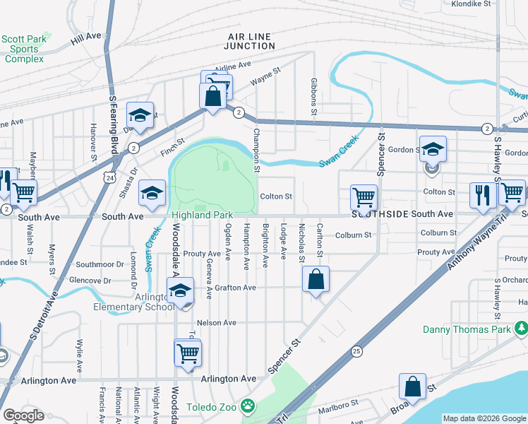 map of restaurants, bars, coffee shops, grocery stores, and more near 1590 South Avenue in Toledo