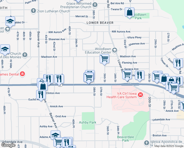 map of restaurants, bars, coffee shops, grocery stores, and more near 3835 39th Street in Des Moines
