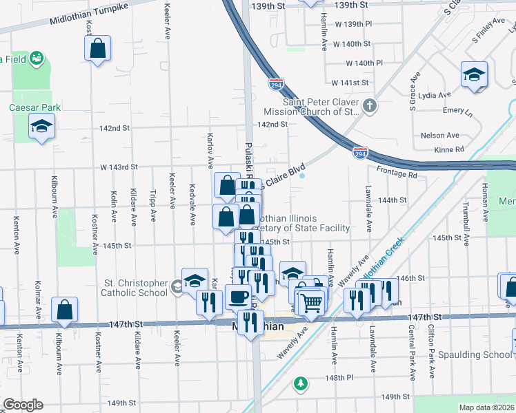 map of restaurants, bars, coffee shops, grocery stores, and more near 14401 Pulaski Road in Midlothian