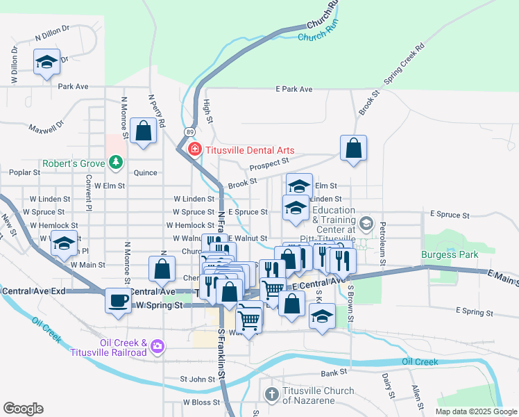 map of restaurants, bars, coffee shops, grocery stores, and more near 208 East Spruce Street in Titusville